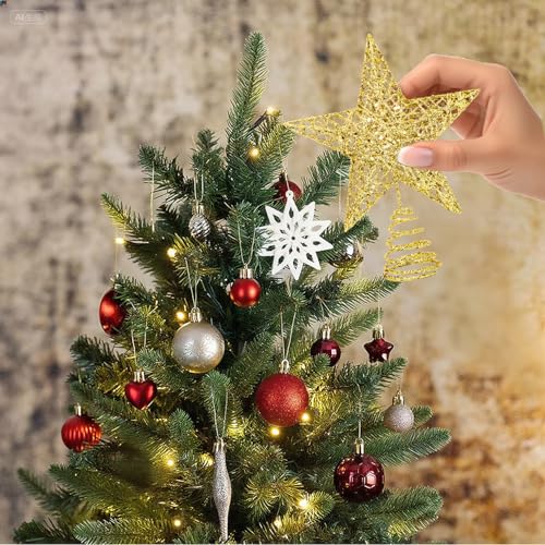 Christmas Tree Topper Star - Gold Glitter Treetop for Holiday Decoration