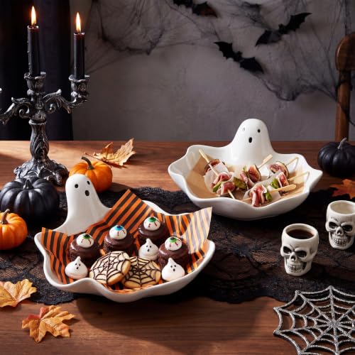 Halloween Ghost Candy Dish Set - Ceramic Ghost Plate Snack Bowls for Treats & Decor