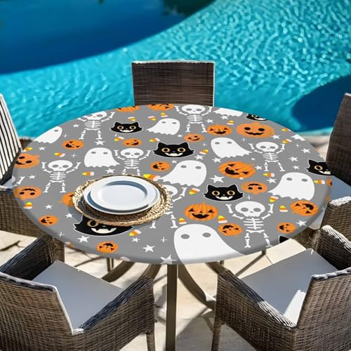 Halloween Fitted Round Tablecloth - Waterproof Skeleton Ghost Design, Fits 45-54 Inches, Grey