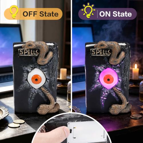 Halloween Spellbook Statue with LED Eyeball and Snake Variation - Spooky Resin Table Decor