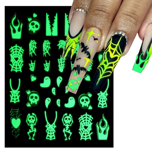 Halloween Glow in The Dark Nail Art Stickers 6 Sheets Ghost Skull Spider Bat Self-Adhesive