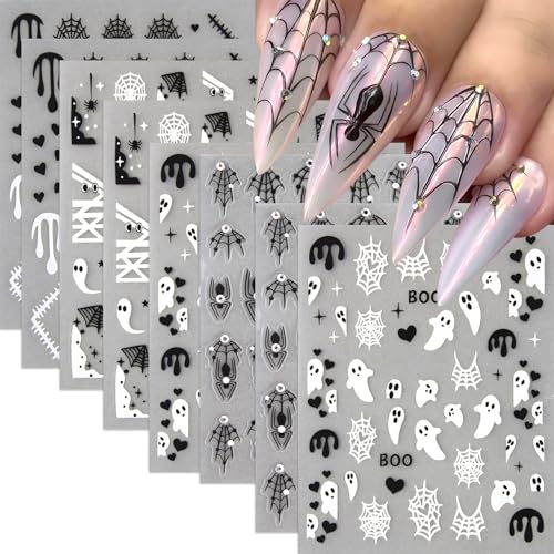 Halloween Ghost Nail Art Stickers - Diamond Ghost Variation, 8 Sheets Self-Adhesive Spiders & Web Design for Nails