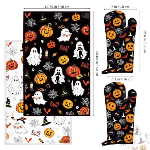 Halloween Pumpkin Kitchen Towels and Oven Mitts Set - 4pcs, Fall Themed Kitchen Accessories