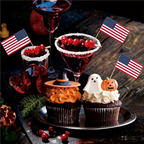 Mini American Flag Toothpick Set - Purple Halloween Flag Decorations, 100 Pieces