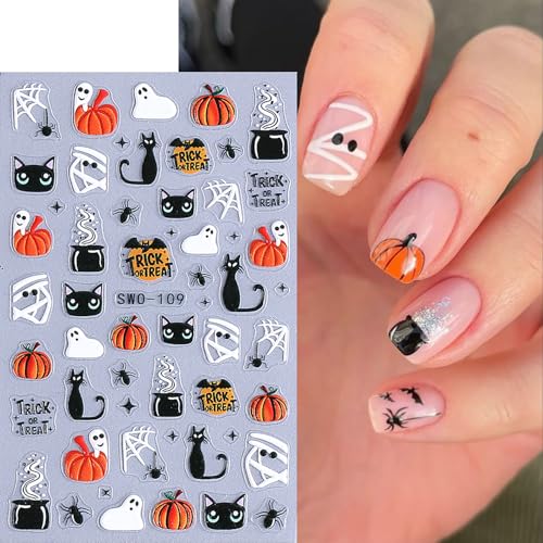 Halloween Nail Art Stickers Decals - Ghost, Pumpkin, Spider Web 4PCS - Self-Adhesive 5D Embossed Nail Decorations - Halloween
