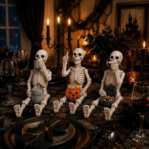 Halloween Skeleton Statues Set of 3 - Funny Shelf Sitters for Seasonal Decor - Variation 1