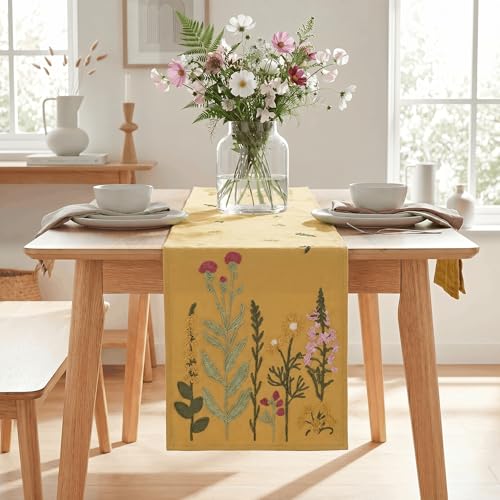 Light Camel Floral Embroidery Table Runner 13x72 Inch for Kitchen Dining - Spring Summer Home Decor