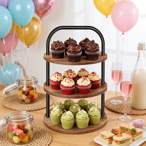 Brown Wooden Cupcake Stand 3-Tier for 100 Cupcakes Party Dessert Display Set - Farmhouse Style