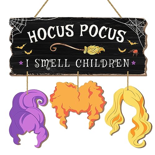 Halloween Wooden Door Sign - Hocus Pocus I Smell Children Decor for Indoor Outdoor