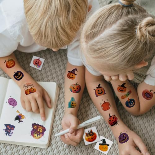 Halloween Pumpkin Glitter Temporary Tattoos for Kids - 74 Designs, Waterproof & Removable