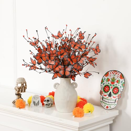 Orange Monarch Butterfly Day of the Dead Decorations - 8 Artificial Floral Picks