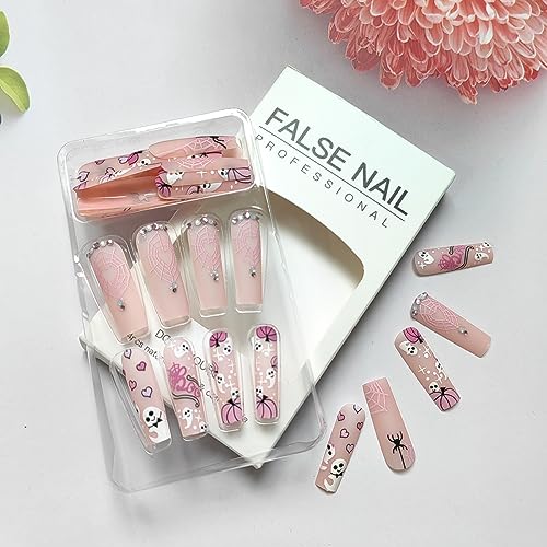 Halloween Press On Nails Long Square Pumpkin Spider Web Rhinestones Ghost - Halloween1