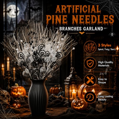 Black & White Halloween Glitter Branches Picks - 60 Pcs Spooky Decor