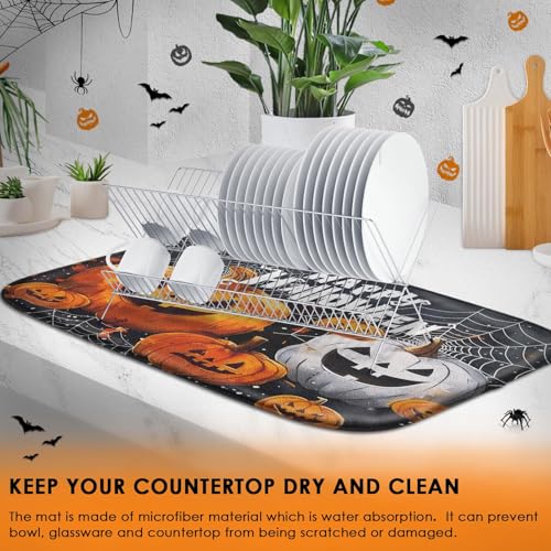 Sanwarm Halloween Pumpkin Dish Drying Mat 16x18 Inches for Kitchen Counter - Orange & White