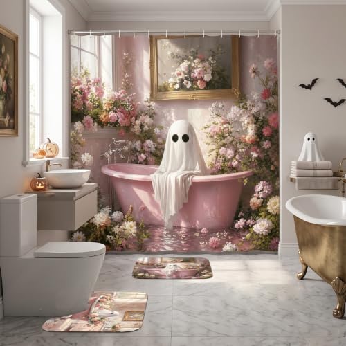 Pink Ghost Halloween Bathroom Shower Curtain and Rug Set - 4PCS Spooky Decor