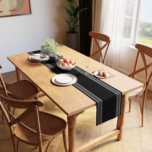 Encasa XO Black Ladder Cotton Table Runner 13x94 - Modern Dining Decor
