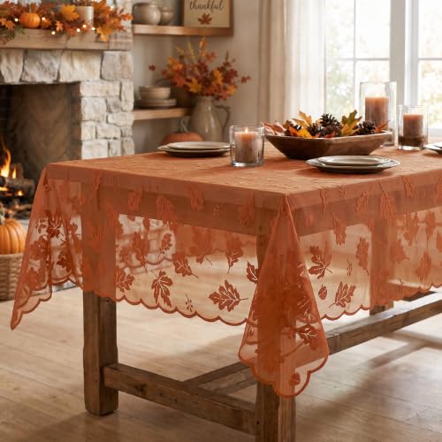 Horaldaily Caramel Fall Lace Tablecloth 60×104 Inch Rectangular Maple Leaf Design