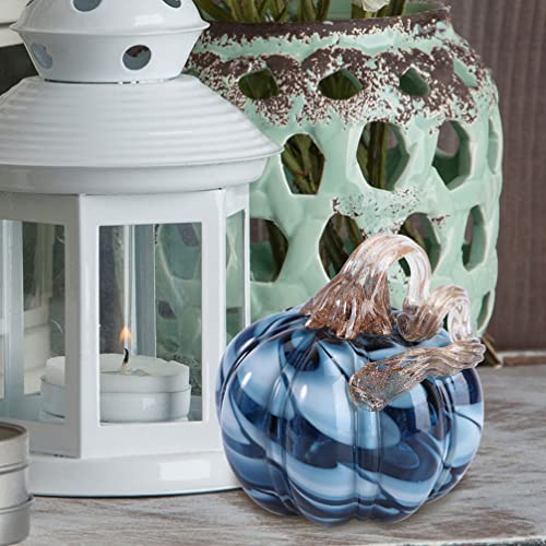 Blue Glass Pumpkin Tabletop Decor Hand Blown Fall Thanksgiving Halloween Ornament