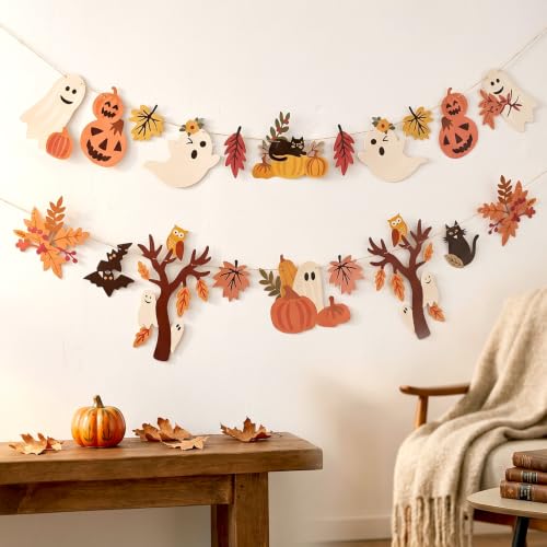 Halloween Fall Decorations - 2PCS Ghost & Pumpkin Banner Set Black Silver Gold Variation
