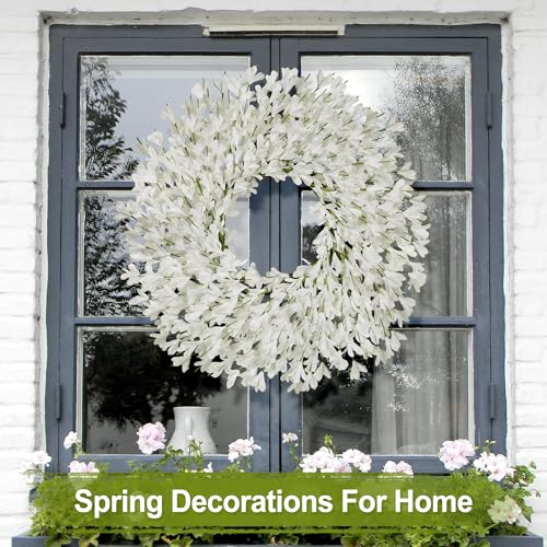 Spring Wreath for Front Door - 26 Inch Artificial Forsythia, All Season Outdoor Decor - White-R