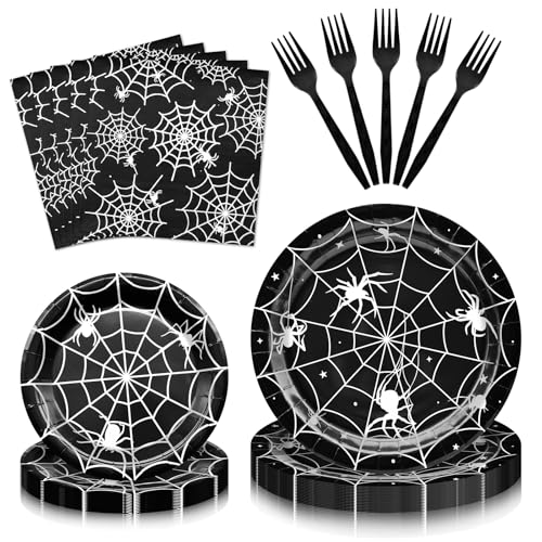 Halloween Spider Web Disposable Tableware Set for 24 Guests - Black & White Party Supplies
