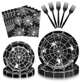 Halloween Spider Web Disposable Tableware Set for 24 Guests - Black & White Party Supplies