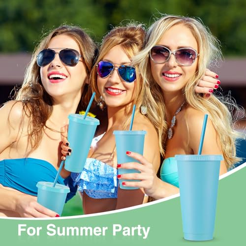 Reusable Plastic Cup with Lid and Straw - 24 oz Blue, Set of 12
