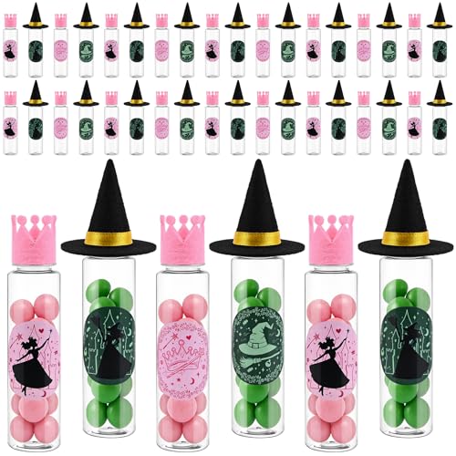 Pink and Green Witch Party Favors - 36 Candy Tubes, Mini Hats & Stickers Set