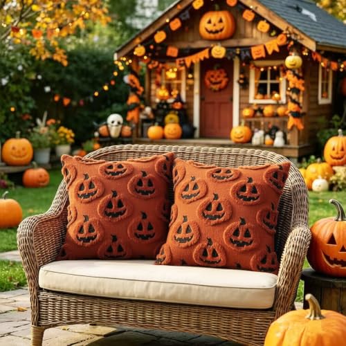 Fall Pillow Covers 18x18 Set of 2 - Rust Ghost Pumpkin Autumn Decor