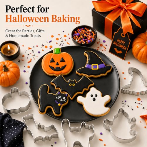 Halloween Cookie Cutter Set - 5 Shapes Pumpkin Bat Ghost Witches Hat - Stainless Steel