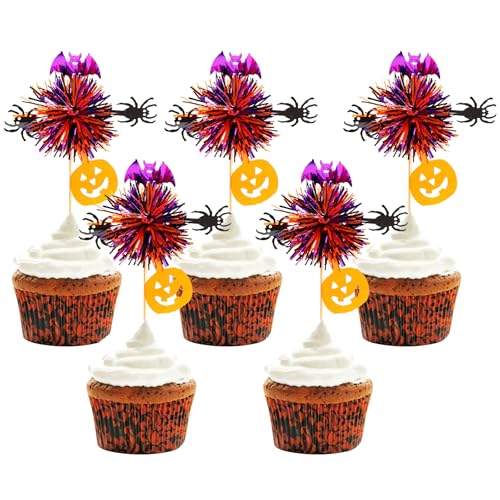 Halloween Firework Cupcake Toppers - 24 Pcs Spooky Pumpkin Bat Spider Decorations