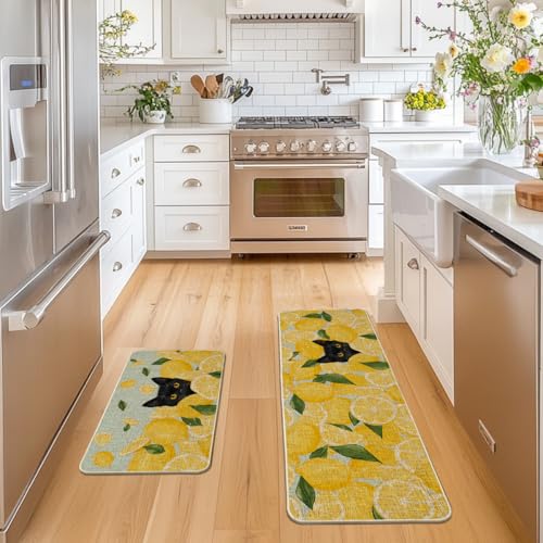 Black Cat Kitchen Mats Set of 2 - Non-Slip Low-Profile Floor Rugs for Home & Kitchen