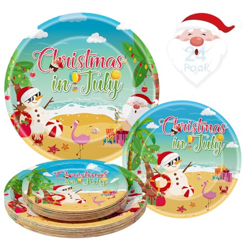 Christmas in July Plates Set - 24 Blue Summer Themed Paper Dinner & Dessert Plates