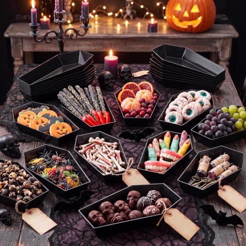 48 Pack Halloween Candy Bowls - Black Coffin-Shaped Plastic Serving Trays