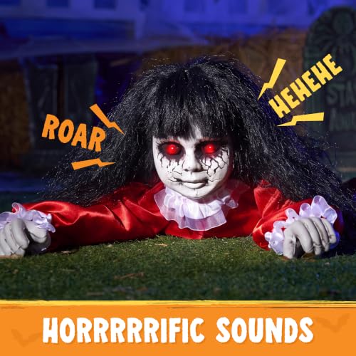 Creepy Halloween Crawling Doll Animatronic - Outdoor Groundbreaker Prop with Lights & Sounds
