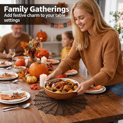 Halloween Spider Web Placemats Set of 4 - Black Round Washable Table Decor
