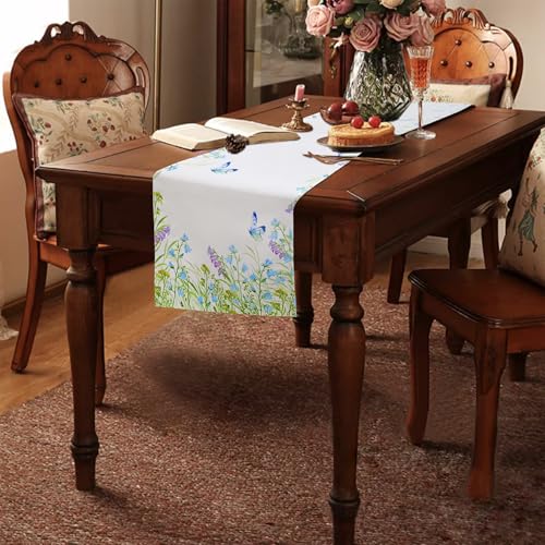 Spring Flowers Butterfly Table Runner - Farmhouse Burlap Summer Dining Linen 72 Inches