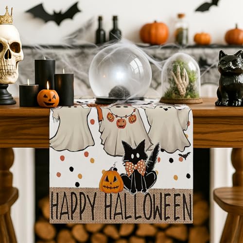 Halloween Table Runner with Cute Ghosts Black Cat and Pumpkin 13x72 Inches Festive Fall Decor