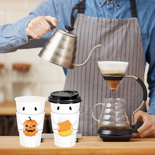 White 16 Oz Halloween Disposable Coffee Cups with Lids, Bat & Pumpkin Sleeves - 60 Set