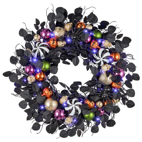 30-Inch Halloween Wreath with Timer - Spider, Skull, Ornaments, Black Green Orange Variation