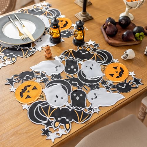 Rectangular Halloween Spooky Placemats Set of 4 - Embroidered Pumpkins & Bats, 13x19 Inch, Gothic Table Decorations for Parties