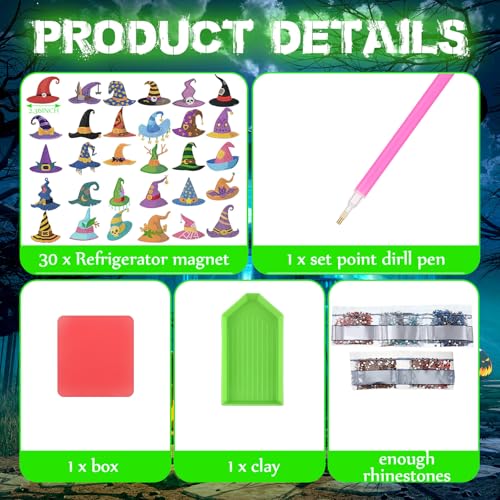 Halloween Diamond Art Magnet Set - Witch Hat Glow in Dark Magnets, 30 Pieces, Versatile Sizes