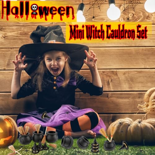 Halloween Mini Witch Cauldron Set with Brooms, Hats, Spiders for Decorations