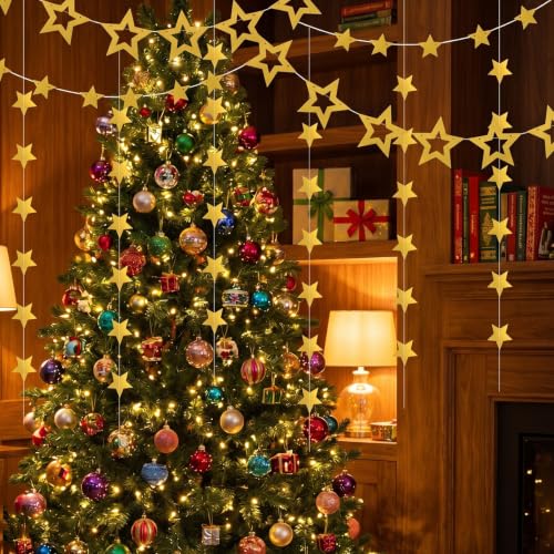 Gold Star Garland Decoration - 28Ft String with Hollow and Solid Stars for Party & Holiday