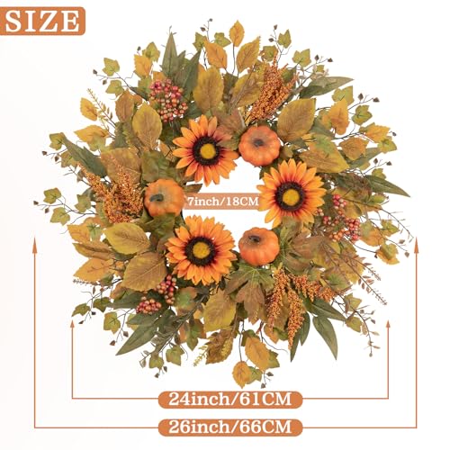Fall Eucalyptus Wreath with Pumpkin Sunflowers & Leaves - 24 Inch Orange