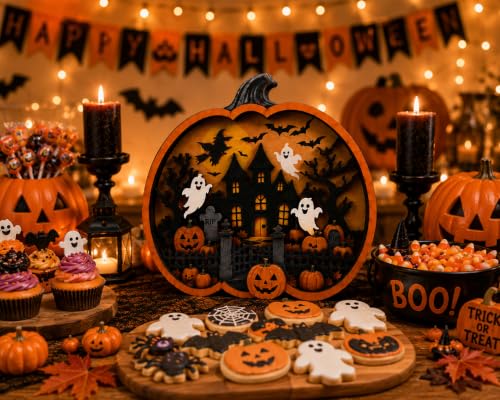 Halloween Pumpkin Sign - Rustic 3D Wooden Fall Decor for Tabletop & Shelf