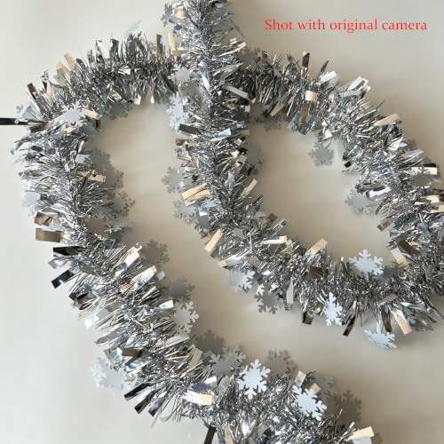33FT Silver Christmas Tinsel Garland with Snowflakes for Holiday Decor