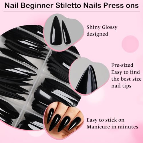 Black Long Stiletto Press-On Nails Kit with Glue & Accessories - 120pcs