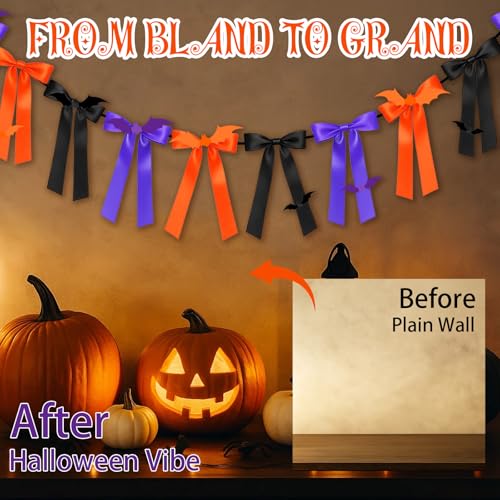 Halloween Bow Garland with Bats - Black, Orange, Purple 6Ft Party Decor