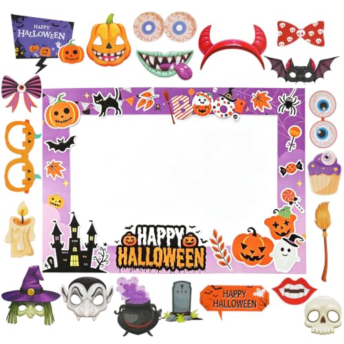 Halloween Photo Booth Props Set with Selfie Frame - 21 Pieces for Parties